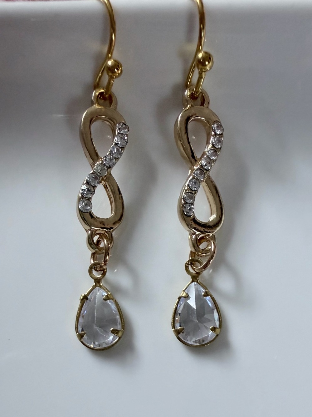 Gold Infinity Drop Earrings with Clear Crystals